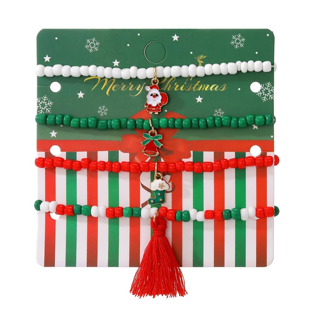 

European & American Christmas Tree Clay Bracelet Set: 3-Piece Fashion with Reindeer & Snowflake Designs