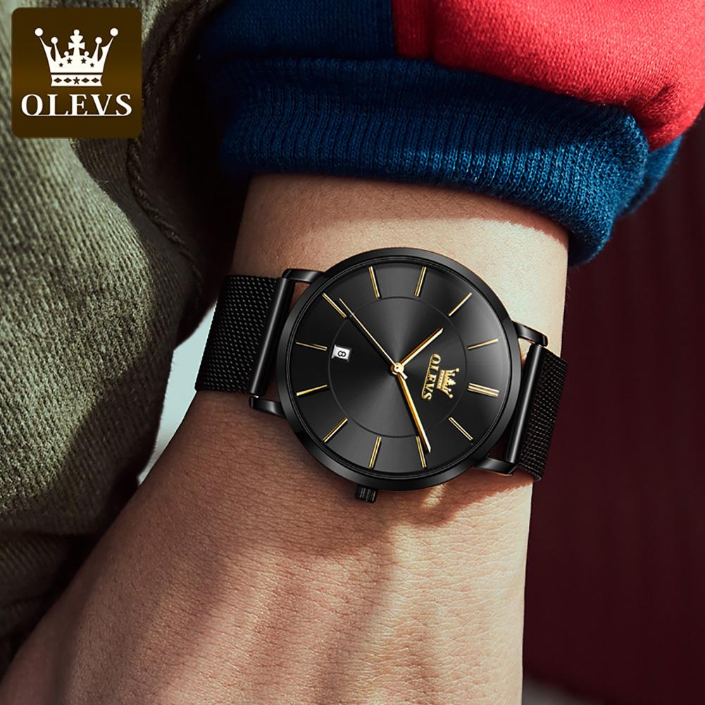 OLEVS Ultra Thin 6.5mm Minimalist Fashion Quartz Watch for Men Mesh Steel Strap Auto Date Waterproof Men Wristwatches