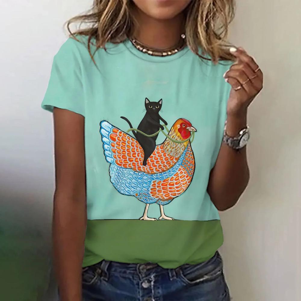 Cute cat 3D printed women's loose round neck short sleeved T-shirt