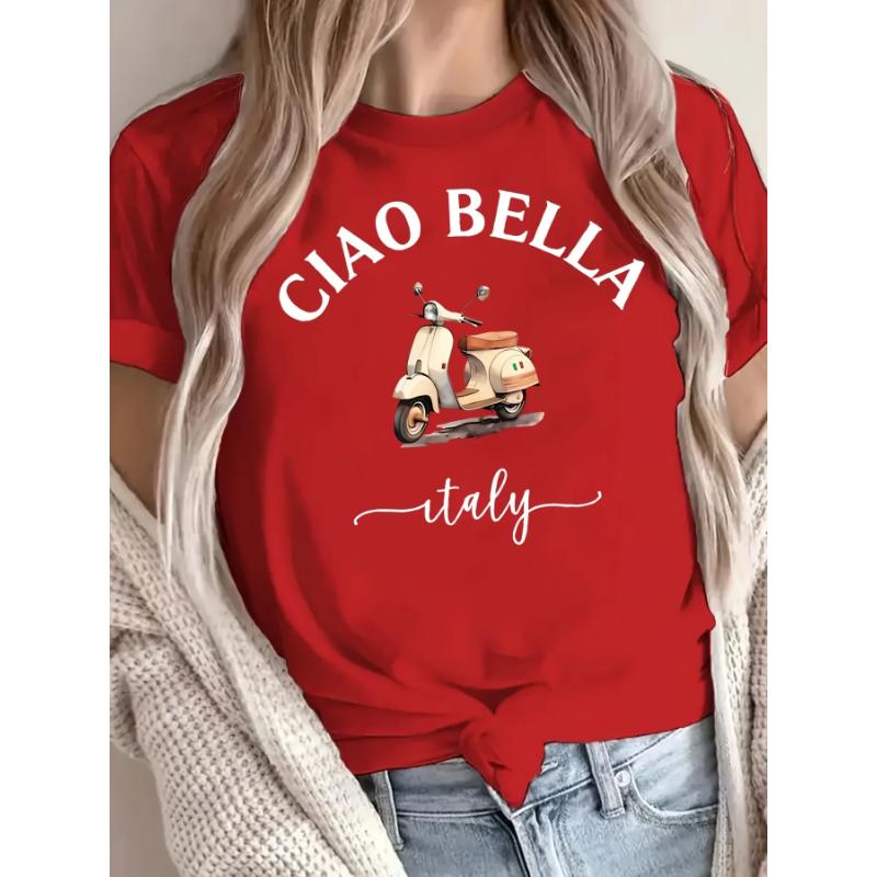 

Ciao Bella Женская футболка с круглым вырезом - Повседневный короткий рукав с буквенным принтом из полиэстера, весенне-летний топ цвета итальянский лимон L