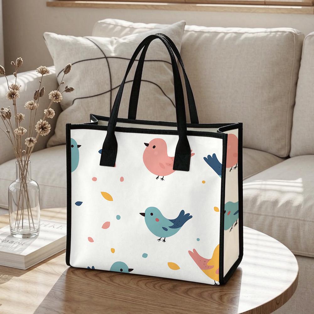 Cute Bird Printed Canvas Tote Bag Portable Daily Shopping Handbag for Women Casual Outdoor Use