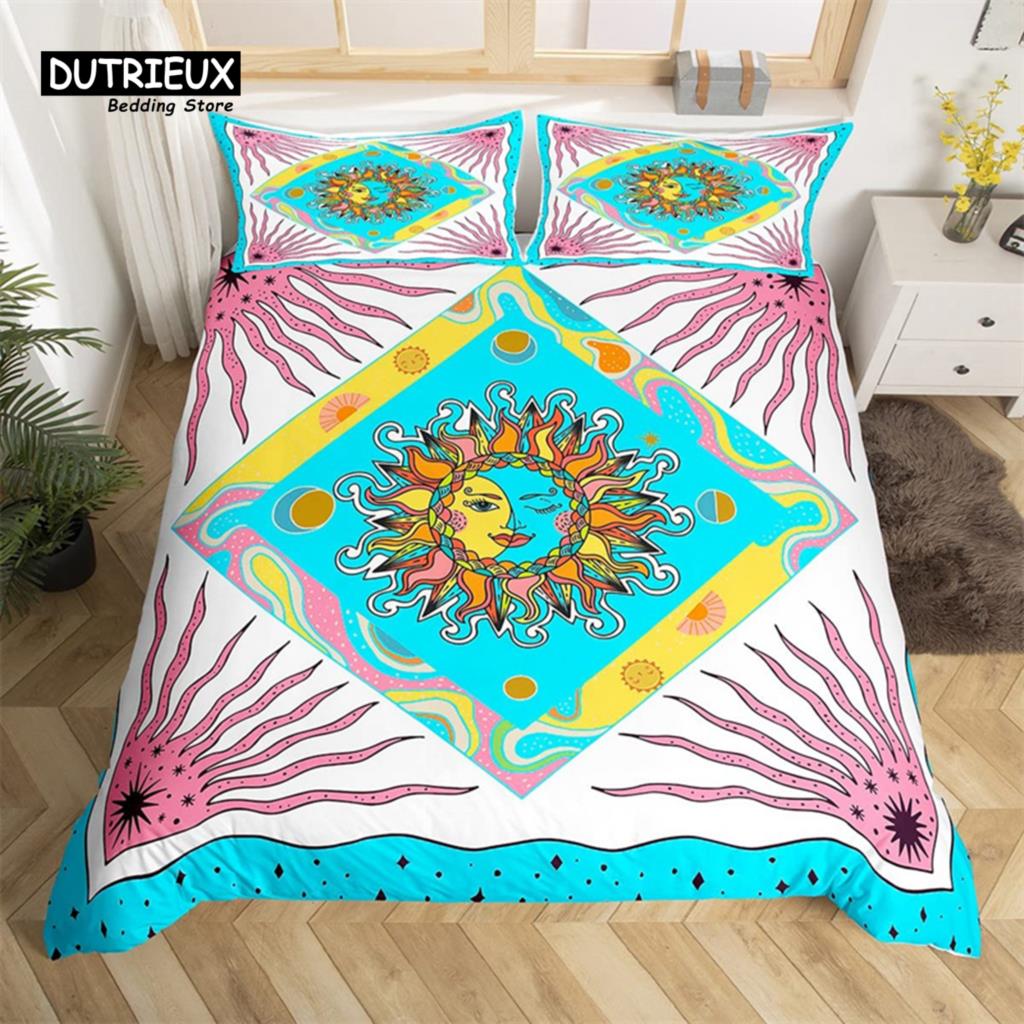 Comforter Sun And Moon King Queen Starry Sky Galaxy Trippy Bedding Set For Kids Adults Microfiber Boho Geometric