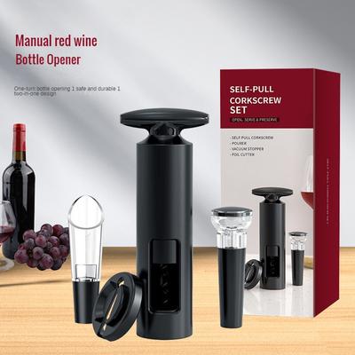Multifunktionell 2-i-1 vinöppnare manuell flasköppnare för rött vin och champagne drickset för hemmabruk, högkvalitativ svart.