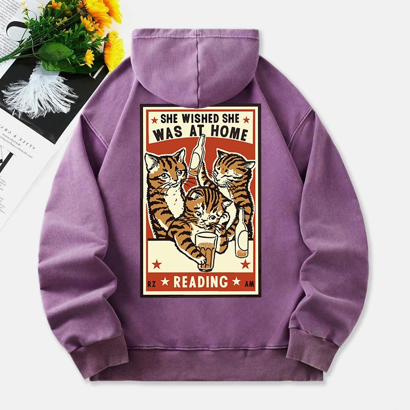 Drinking Cats Washed Hoodie Womens Vintage Printed Cotton Tops Distressed Pocket Oversize Womans Streetwear