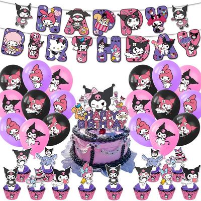 Photo Zone Kuromi Set for Birthday Kuromi Happy Birthday Balloons Topper 32 Items