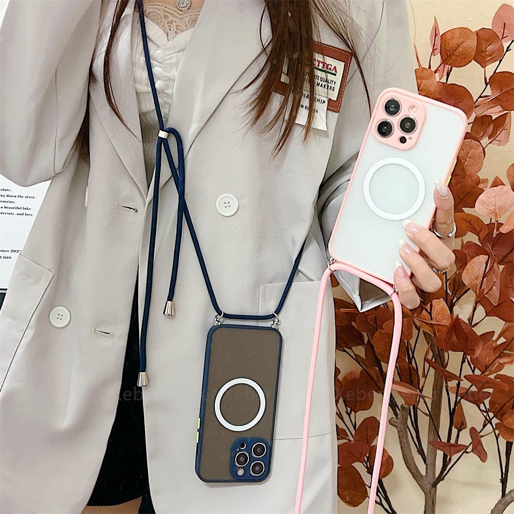 Matte Clear For Magsafe Magnetic Wireless Change Case For iPhone 17 16 15 14 Pro Max Plus 11 12 13 Necklace Cord Lanyard Cover