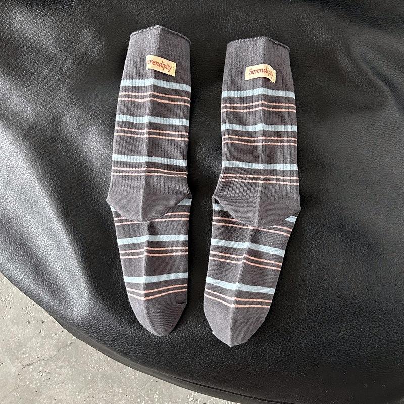 Female Autumn New Style Casual All Match Color Stripe Cloth Mark Sports Tube Stack Socks