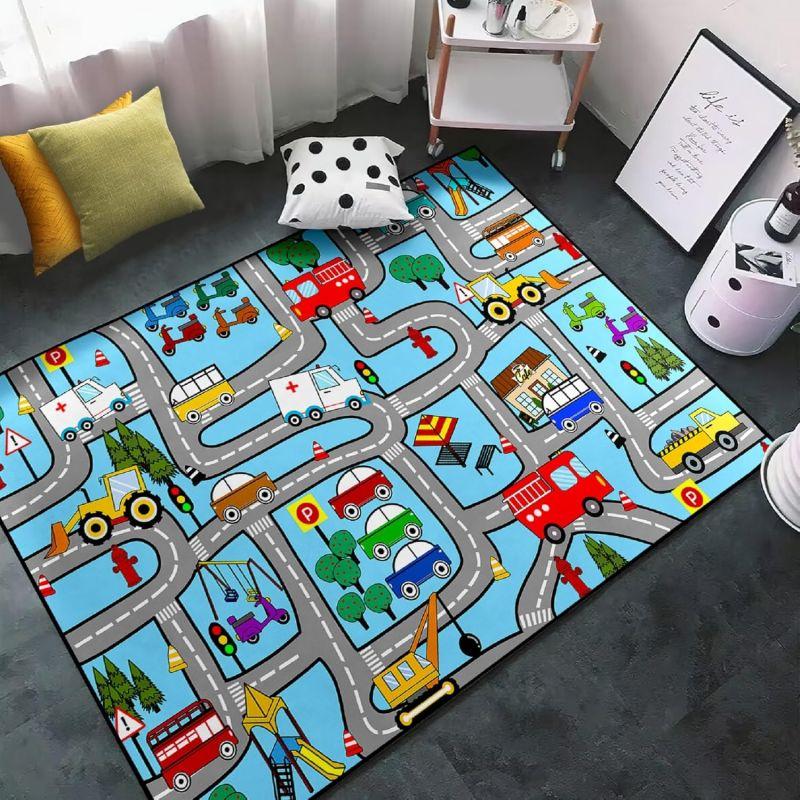 Construction Rugs for Boys Room Construction Play Non Slip Flannel Carpet for Playroom Decor Rug with Truck Tractor Print Mat