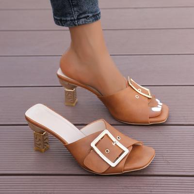 Shoes for Women Summer  Fashion High Heeled Slippers Female Large Size Metal Buckle Strap Women's Slippers