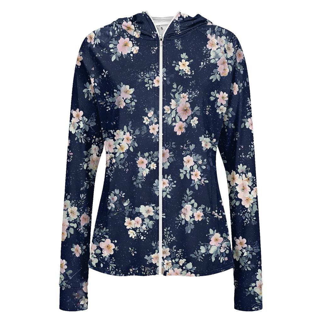 Chaqueta Ligera con Cremallera y Capucha para Mujer, Manga Larga, Estampado Floral, Protección Solar, Ropa Exterior con Bolsillos