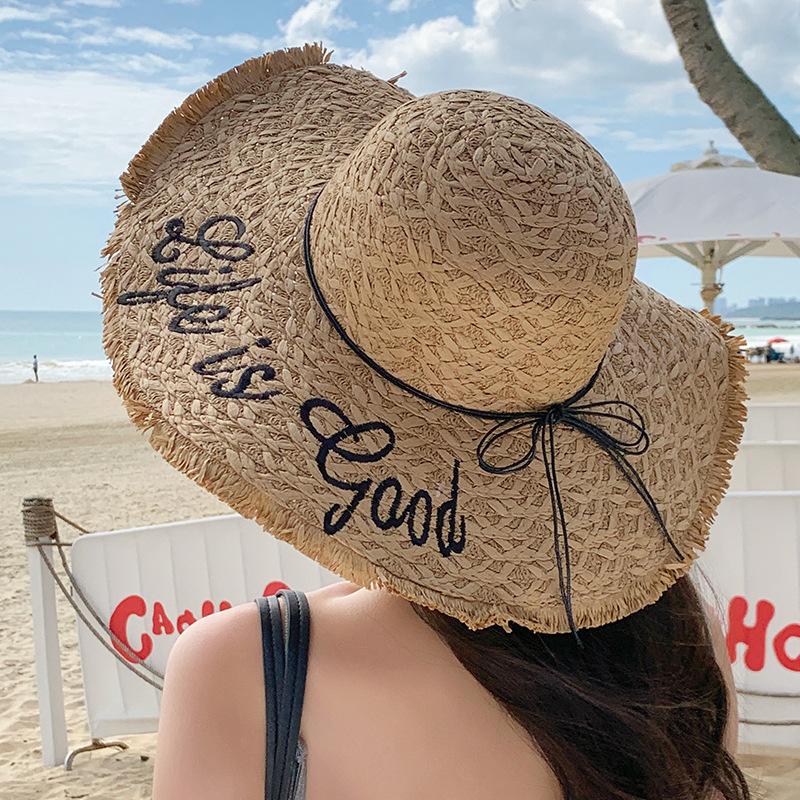 French-style flat-top straw hat for women, summer Korean versatile outdoor seaside beach hat, makes the face look smaller, sun protection sun hat