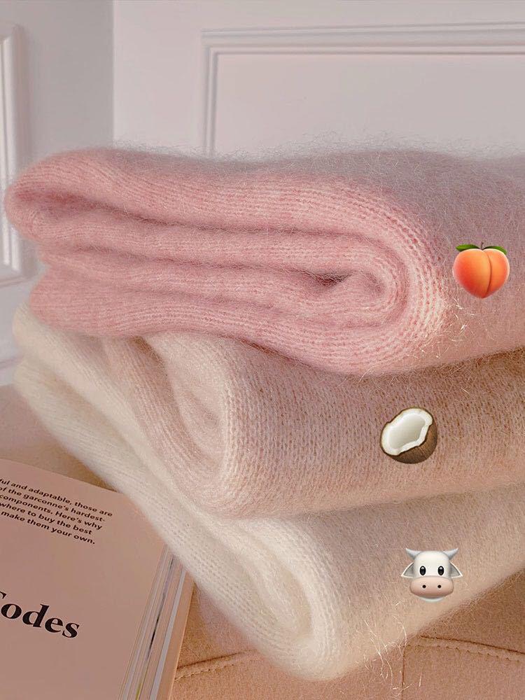 Women's Trendy 2024 Autumn/Winter Pink Mohair Loose Knit Sweater with Round Neck