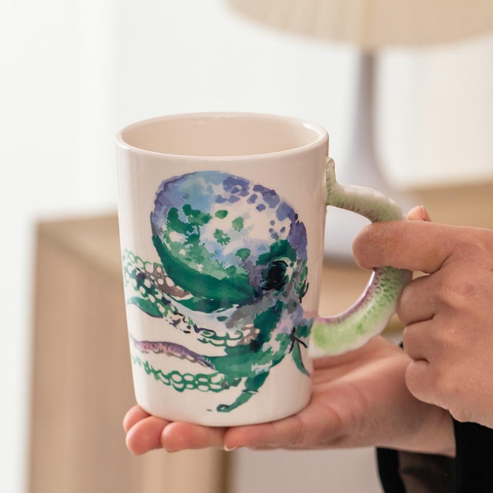Handmade Ocean-Themed Ceramic Coffee Mug Creative Art Milk Cup with Octopus Dolphin Seahorse Design Gift for Kids And Friends