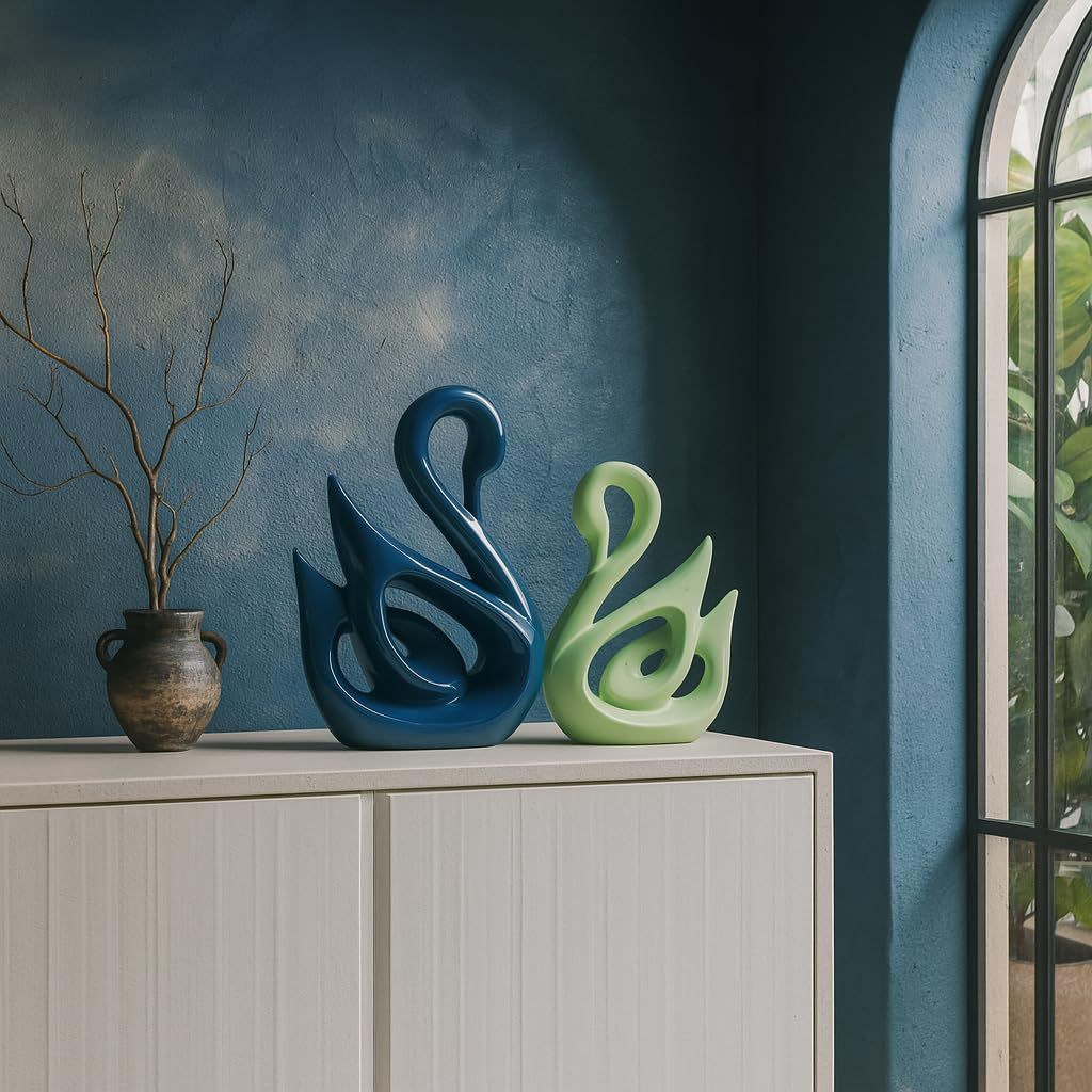 Lucky Swan Couple Piano Finish Ceramic Figures for Home Decor (Set of 2 Pc, Large, Navy Blue & Parrot)