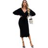 European and American sexy style autumn and winter hip-wrapped tight split-ended long dress off-the-shoulder crossed V-neck lace-up waist knitted dres