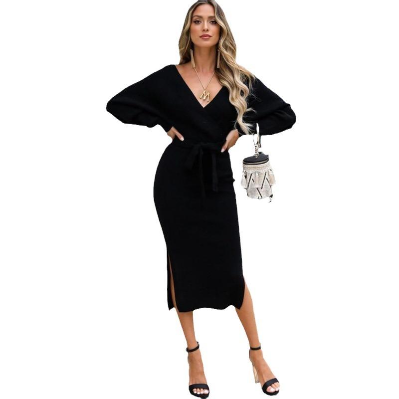 European and American sexy style autumn and winter hip-wrapped tight split-ended long dress off-the-shoulder crossed V-neck lace-up waist knitted dres