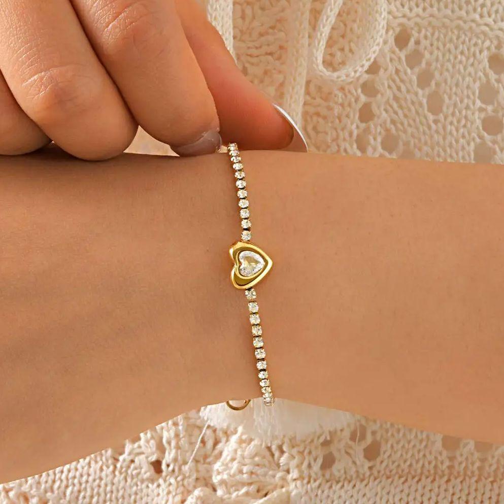 Luxurious Heart Zircon Chain Bracelet for Women,Gold Color Stainless Steel Link Chain Bracelets,Fashion Jewelry Gift