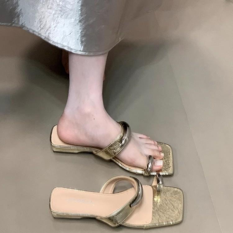 French Thick Heel Metal Buckle Sleeve Toe Slippers Women's Summer Wear Versatile Not Tired Feet Small Slope Heel Beautiful Cool Slippers