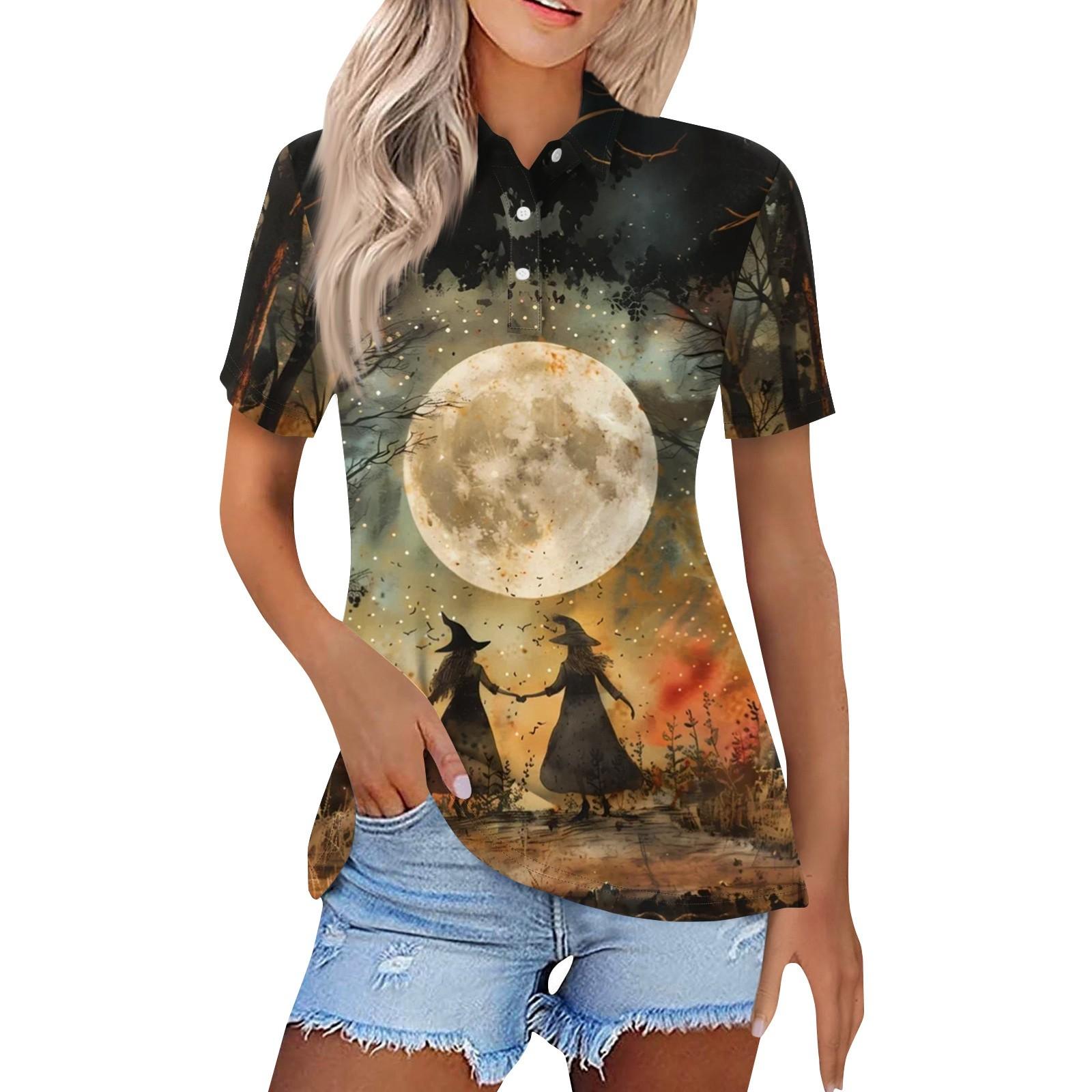 

Женская модная повседневная рубашка с лацканами и короткими рукавами с принтом на Хэллоуин, женские топы на пуговицах L