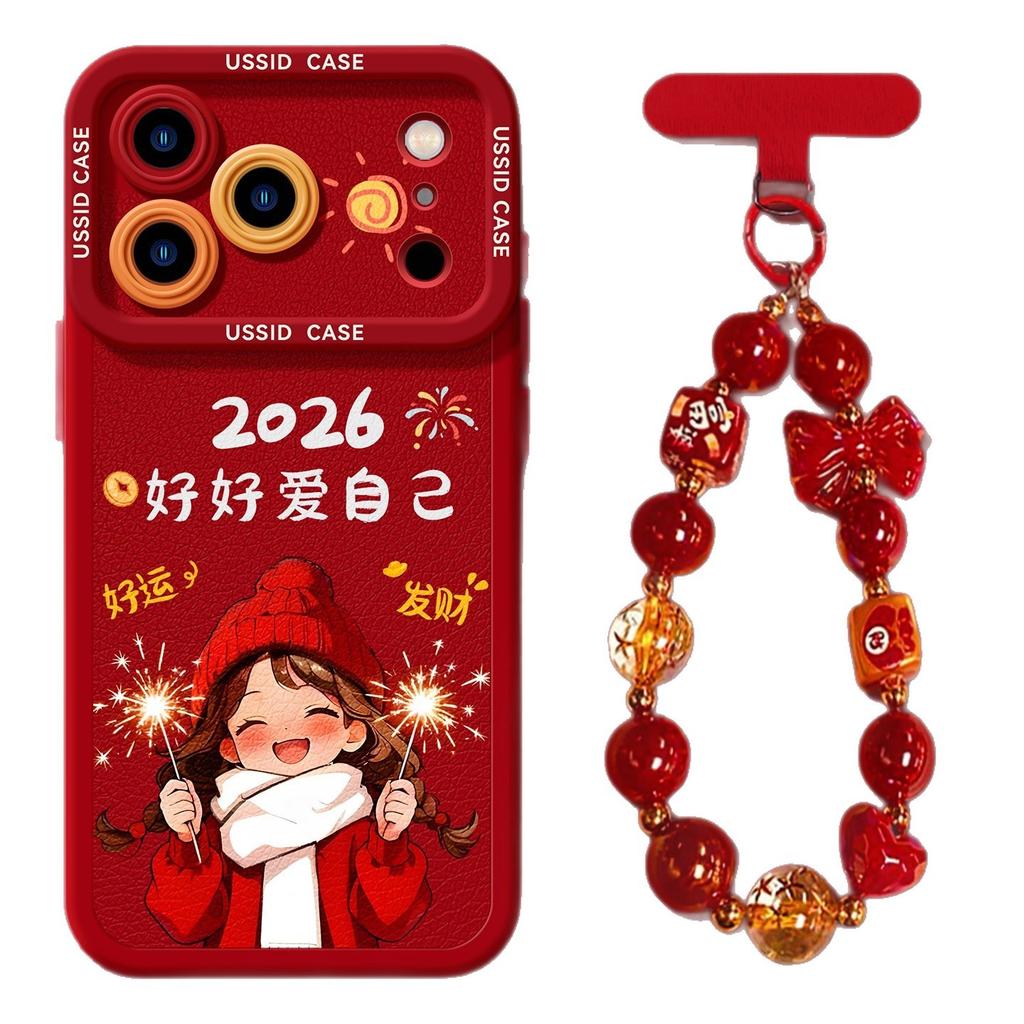 2026 red mobile phone case for Apple 17 New Year's girl 16promax silicone 13 soft 15 lanyard 14 sets