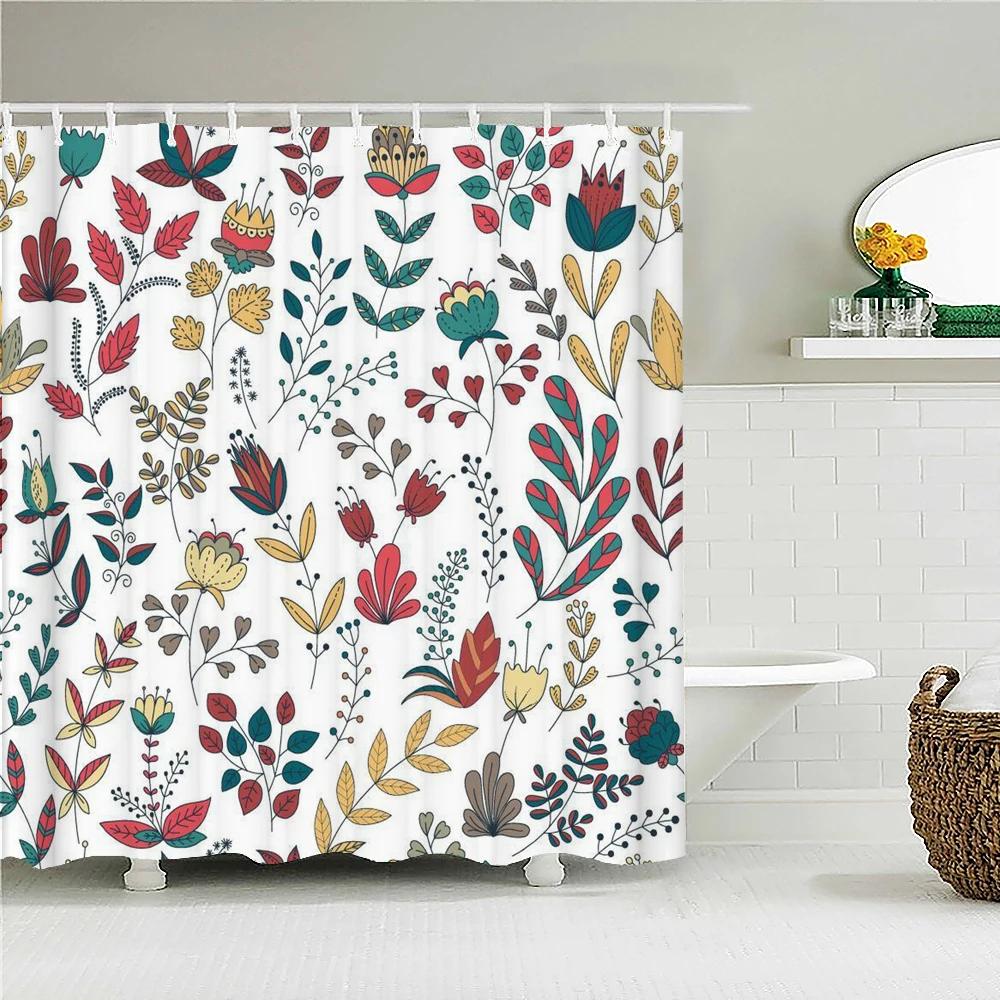 Waterproof Fabric Shower Curtain Colorful Flowers Pattern Printed Shower Curtains With 12 Hooks Multi-size Bath Screen