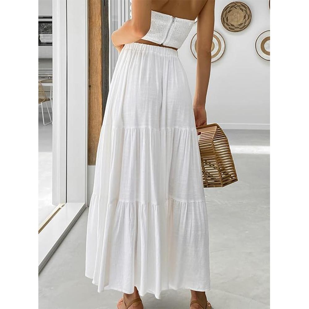 Women’s Summer Boho Flowy Swing Tiered A-Line Maxi Skirt 2025 Fashion Trendy Elastic Waist Pleated Long Beach Dress