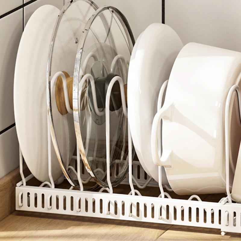 Adjustable Kitchen Storage Rack Organizer for Cookware, Cutting Boards, Pot Lids, and Telescopic Shelf.