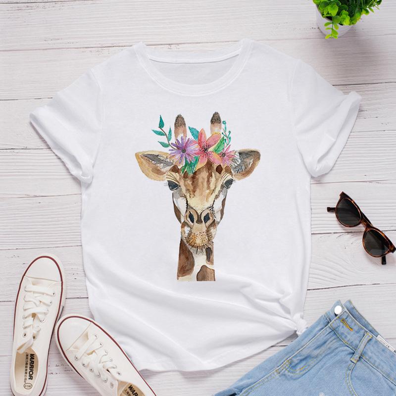 Women White Tshirt Tops Cute Cartoon Deer In The Flowers Love T Shirt Girl Fashion Harajuku T-Shirt Floral Pattern