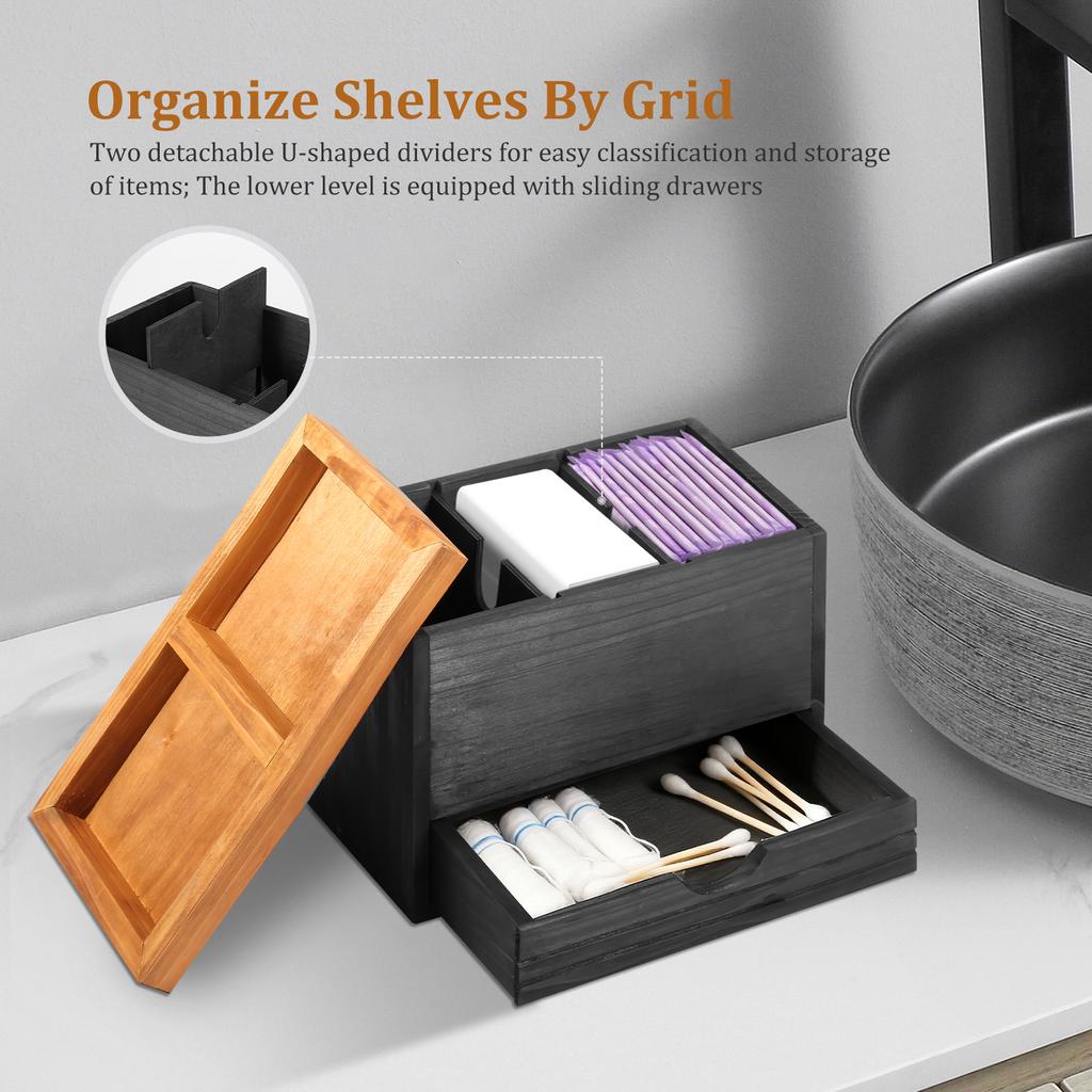 Bathroom Storage Box Wooden Tampon Box with Lid and Drawer 3 Compartment Feminine Product Organizer for Bathroom Countertops