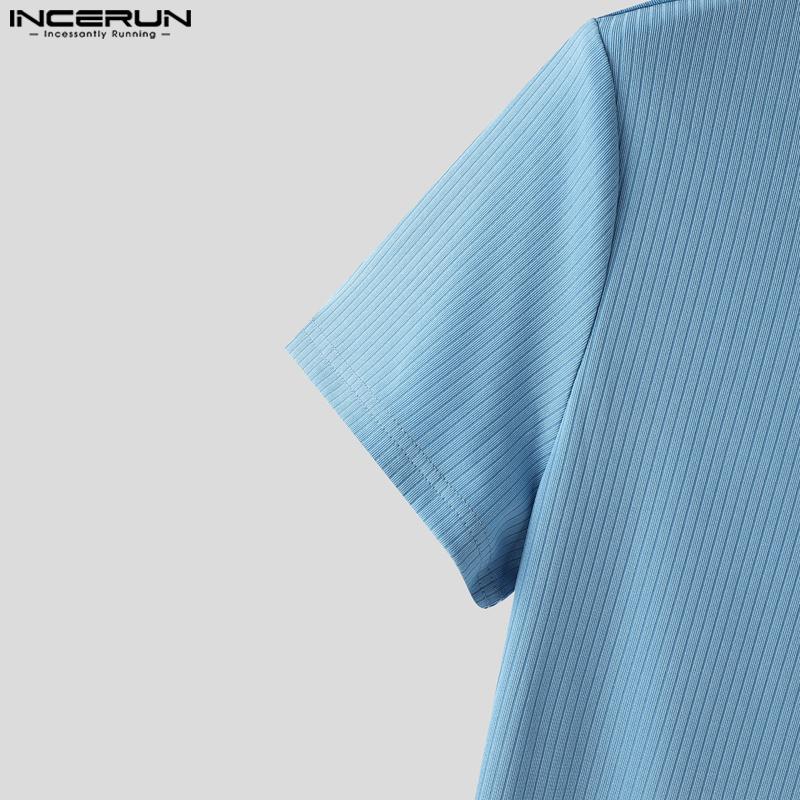 INCERUN Men Short Sleeve Side Lace-up Casual Fitted Rib T-shirts Tops