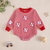 Unisex Baby & Toddler Waffle Stripe Long Sleeve Round Neck Romper with Embroidery