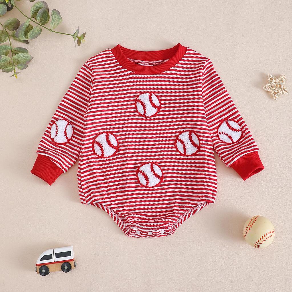 Unisex Baby & Toddler Waffle Stripe Long Sleeve Round Neck Romper with Embroidery