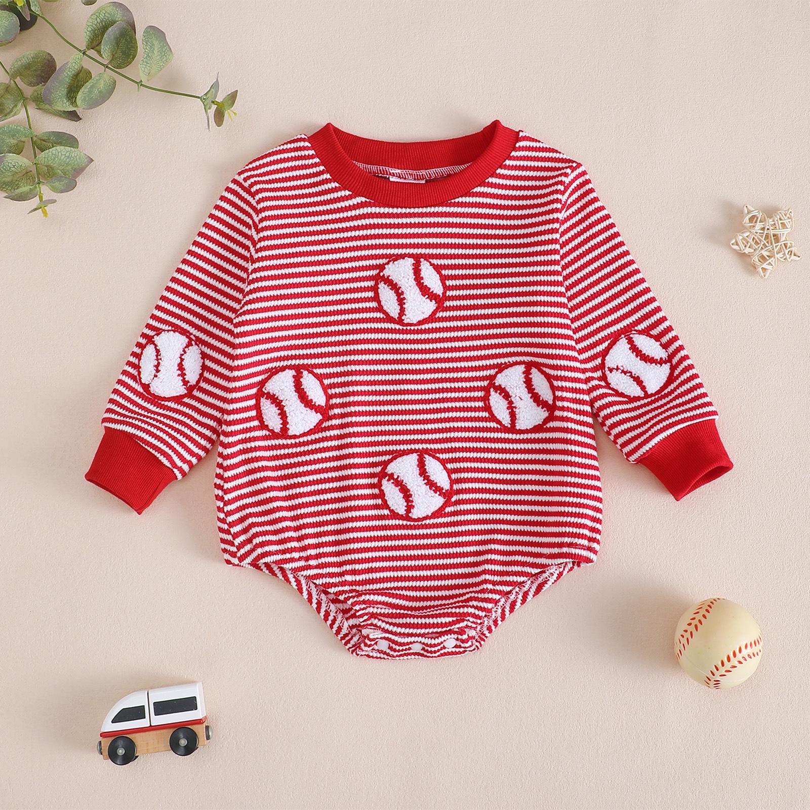 Unisex Baby & Toddler Waffle Stripe Long Sleeve Round Neck Romper with Embroidery 0-3 Months