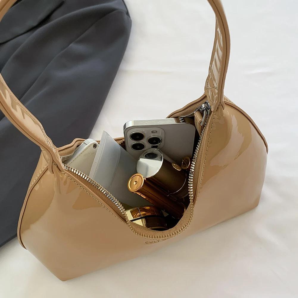 Luxury Patent Leather Women Crescent Bag Brand Shoulder Bag Retro Solid Armpit Purses Ladies Half Moon Bag High Quality Hobo Bag