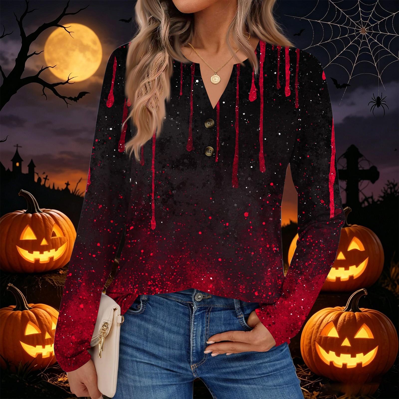 Women s Halloween Print Long Sleeve Shirt Casual Blouse XL