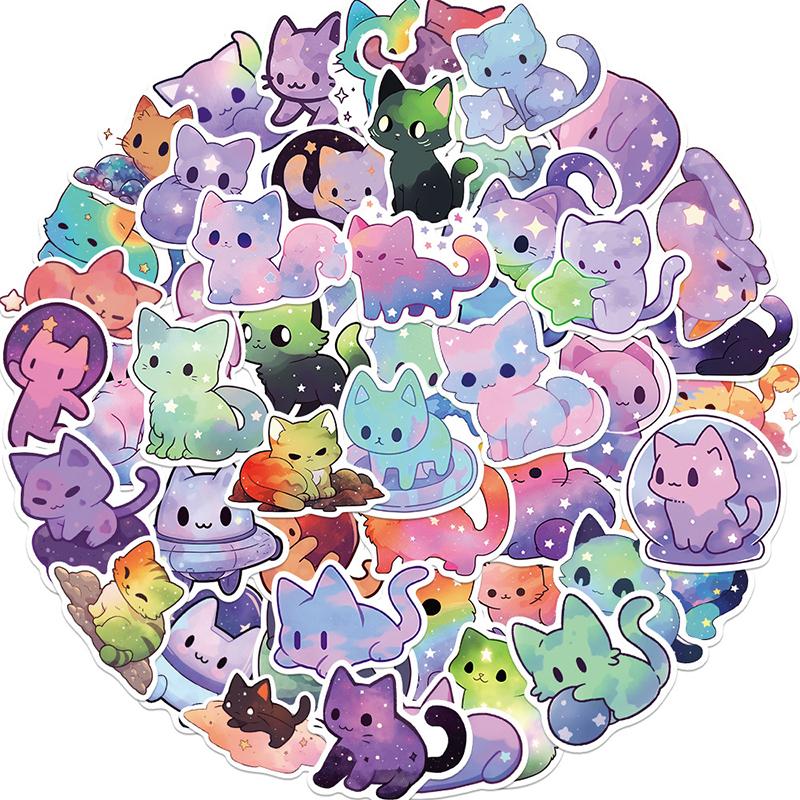 50KS Kreslené Duhové Hvězdná Obloha Kočka Samolepky Kawaii Vesmírná Kočka Samolepky, Galaktické Kočka Samolepky Estetické Kočka Vodotěsné Samolepky