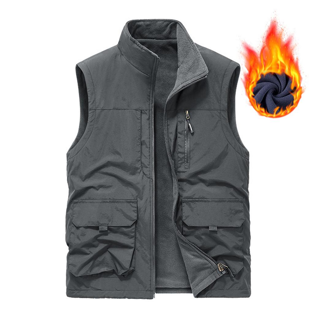 Mens Winter Fleece Cargo Vest Outdoor Multi Pocket Sleeveless Jacket Warm Thick Work Waistcoat