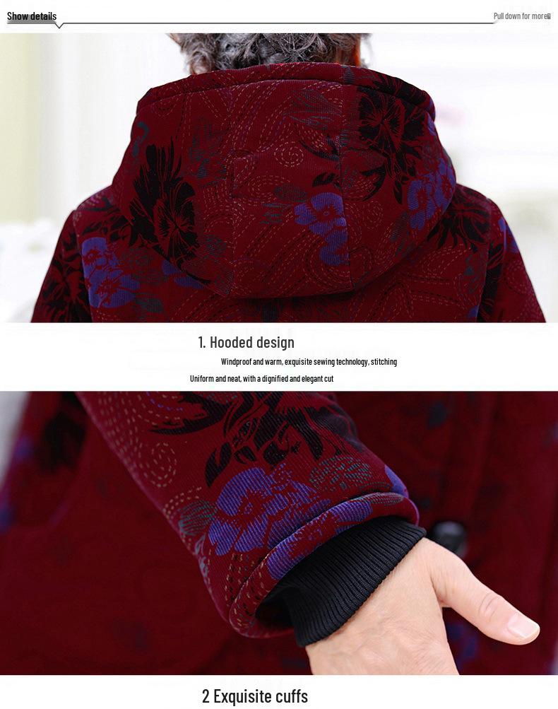 Grandma's Velvet-Lined Corduroy Hooded Winter Coat for Elderly Women