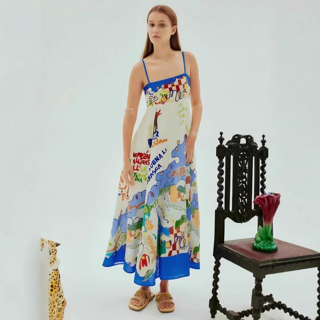 2026 new European and American express independent station sexy suspender graffiti linen pendulum dress