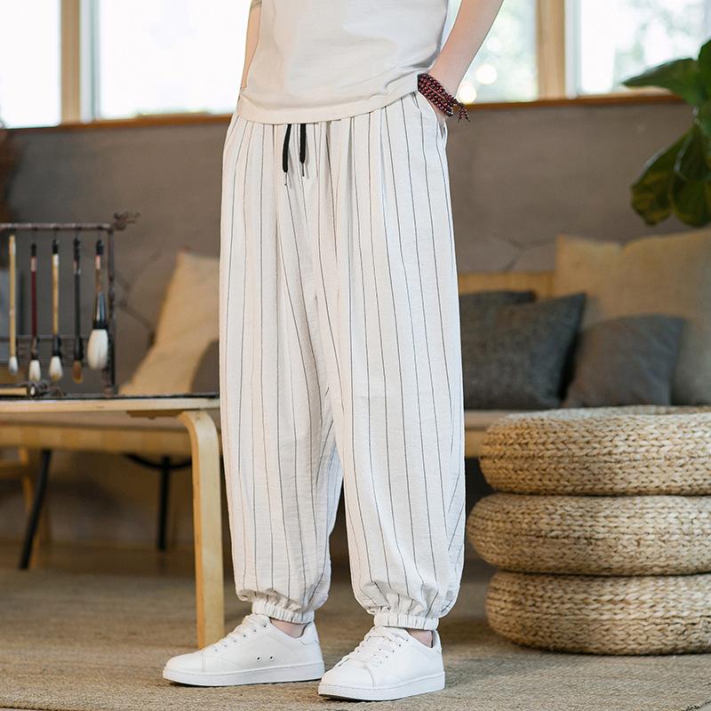 Summer New Large Size Men's Cotton and Linen Striped Nine-point Pants Men's Fashion Chinese Pants