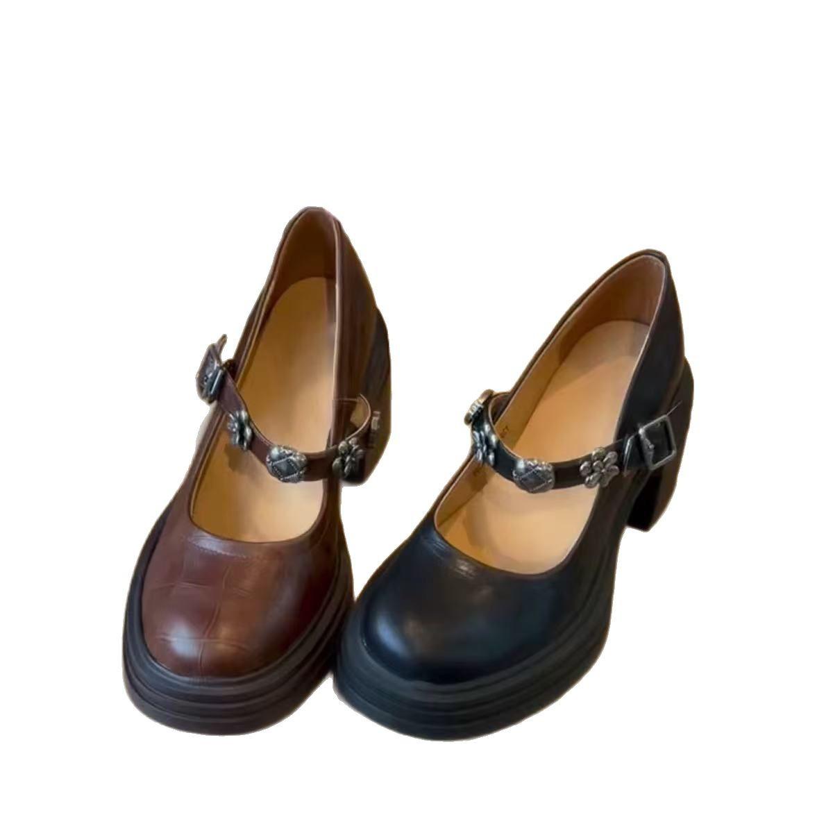 

Leather retro college style thick-soled thick high heels with Mary Jane shoes single shoes women s small leather shoes spring fashion versatile 40