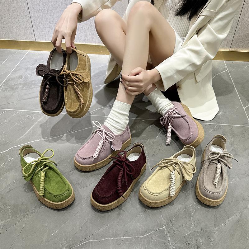 High Quality Suede Leather Loafers Women Round Toe Lace Up Fringe Thick Sole Shoes Casual Comfort Outdoors Flat Walk Shoes Woman