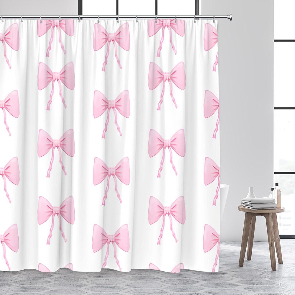 Fashion Bowknot Shower Curtains Red Pink Bow-Tie Heart Pattern Girl Gift Modern Bathroom Decorative Bath Curtain Set With Hooks