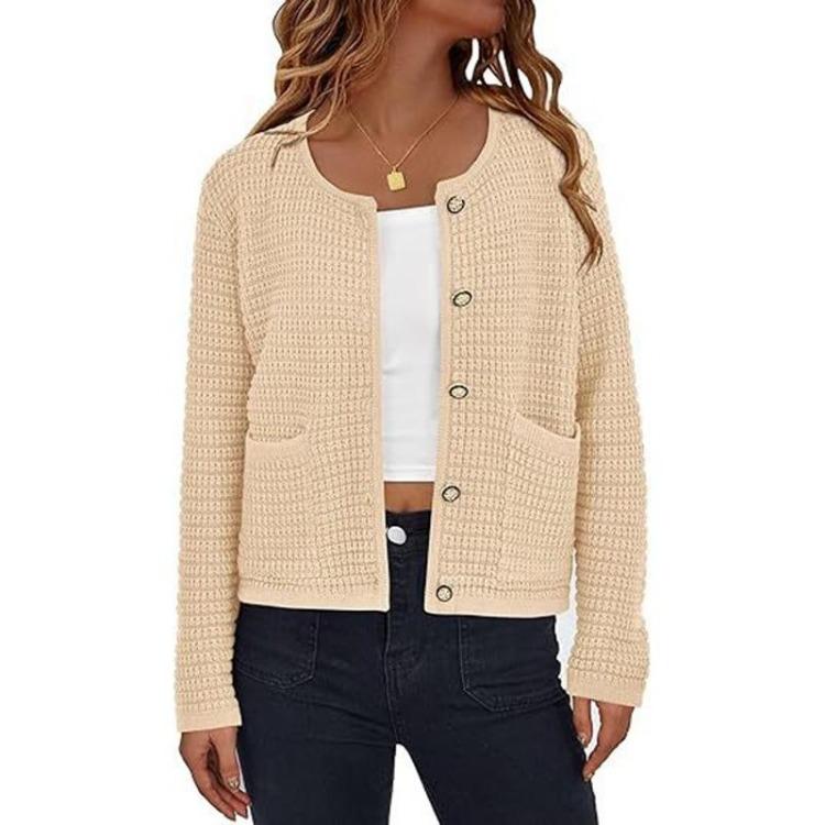 Women's Fashion French Elegant Short Knitted Coat with Pockets Round Neck Long Sleeve Buttoned Solid Soft Comfortable