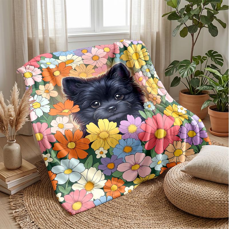 Floral Garden Pup Theme blanket Lightweight Warm Flannel Blanket Decorative Throw Blanket for Home Decoration