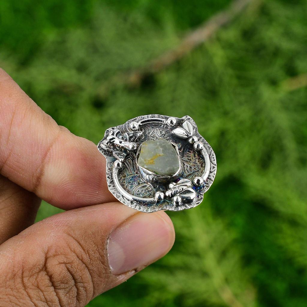 925 Sterling Silver Octagon Prehnite Rough Stone Elegant Ethnic New Ring Jewelry