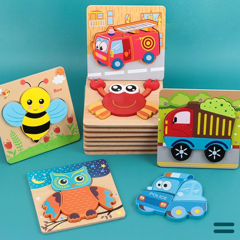 3D Wooden Puzzle Cartoon Animal Traffic Jigsaw Early Learning Cognition Game Puzzle Toys for Children Gift