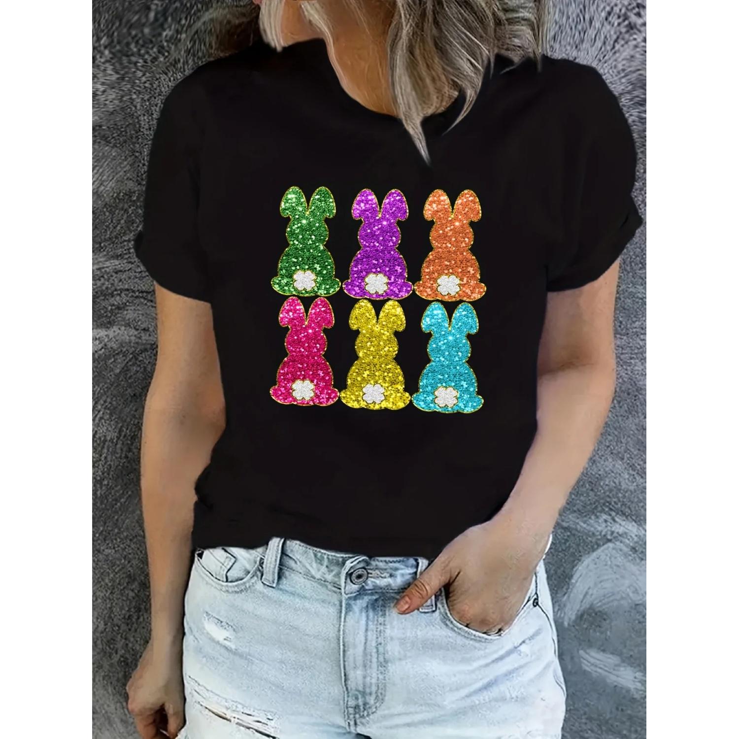 

Easter Graphic Print T-shirt, Short Sleeve Crew Neck Casual Top For Summer & Spring, Women s Clothing S чёрный
