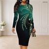 Women Plus Size Round Neck Long Sleeve Printed Green Black Bodycon Midi Dress