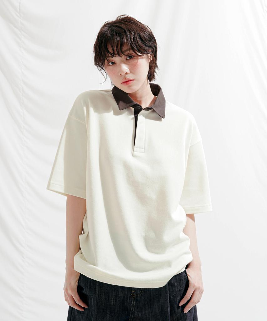 JEMUT Work Oversized Collared Short Sleeve T-Shirt Cream Sost2568